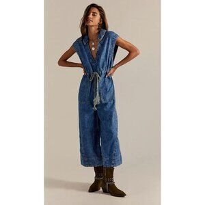 Free People Lantana Cropped Coverall Denim Jumpsuit Small Overalls Drawstring